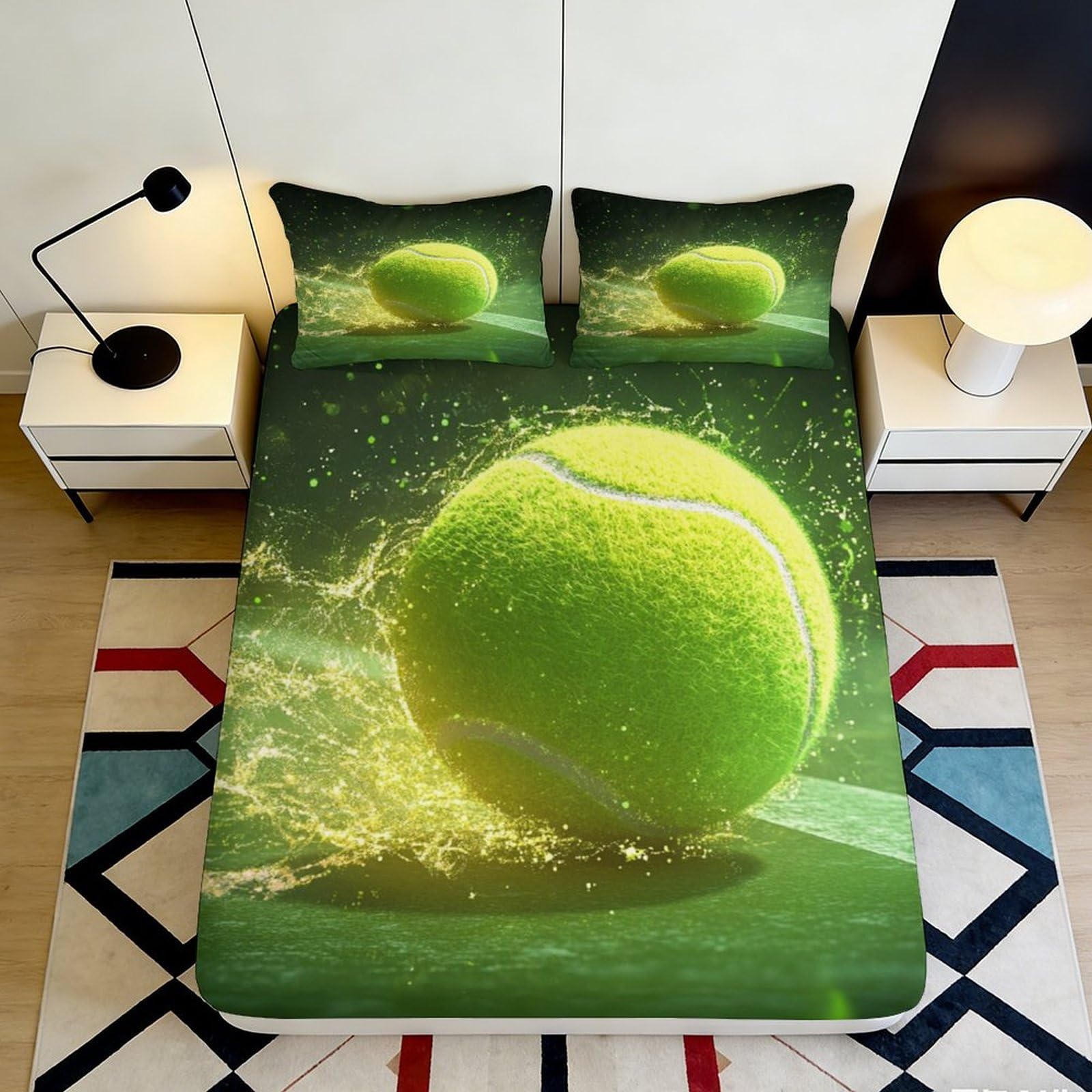 3D Printed Tennis Splash Fitted Sheet Microfiber Soft Touch Vibrant Ball Bed Cover for Bedroom Dorm Mattress Protection Decor 180x200x25cm