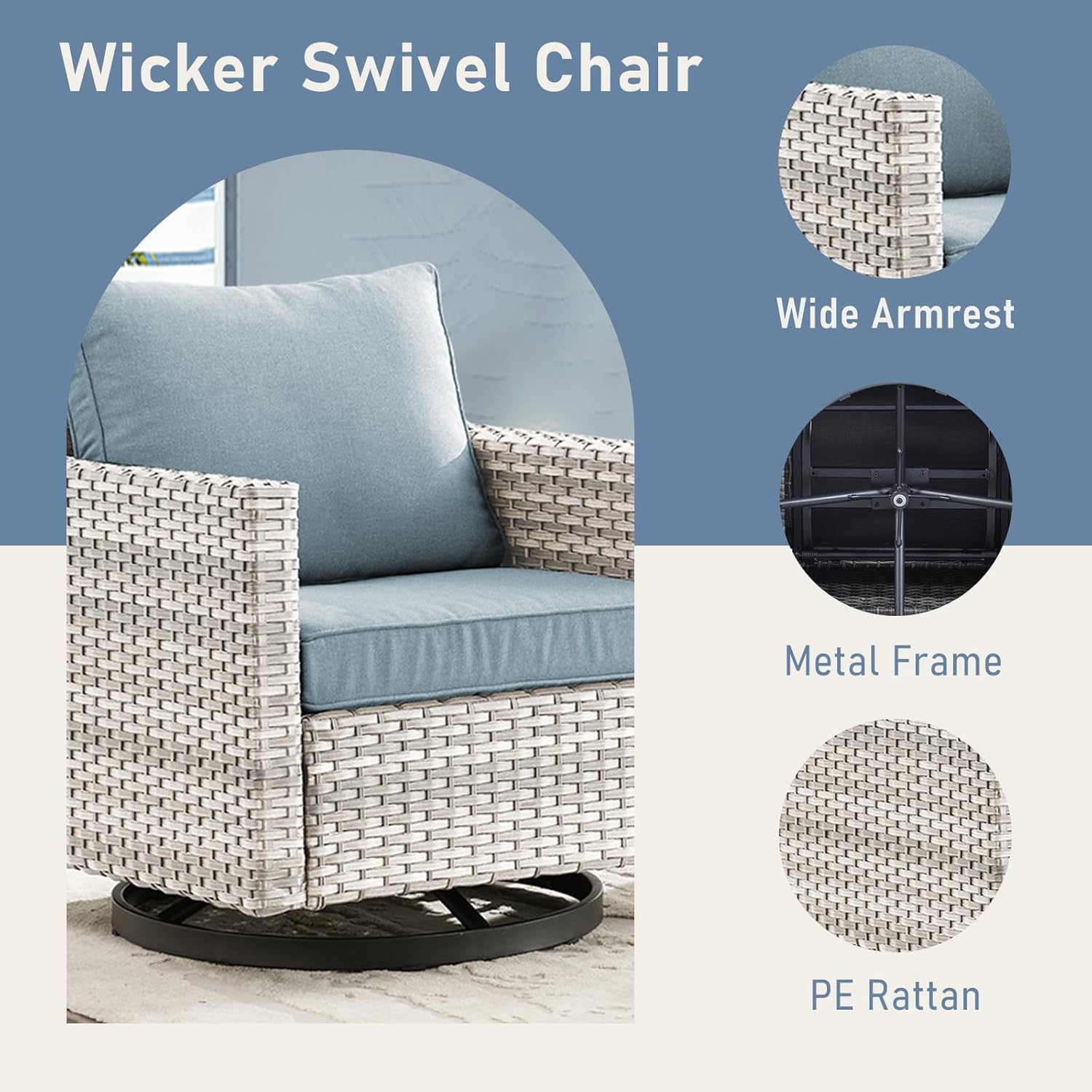 Wicker Patio Furniture Set: 6 Piece Outdoor Patio Set with 2 Swivel Chairs, 1 Side Table, 2 Ottomans, and a Couch, Light Grey / Light Blue
