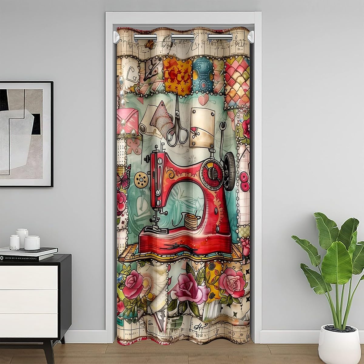 Red Sewing Machine Doorway Curtain,Retro European Sewing Theme Door Cover Curtain,Rustic Western Flowers Vintage Brown Patchwork Blackout Door Curtain for Bedroom, 80"×34" 1 Panel