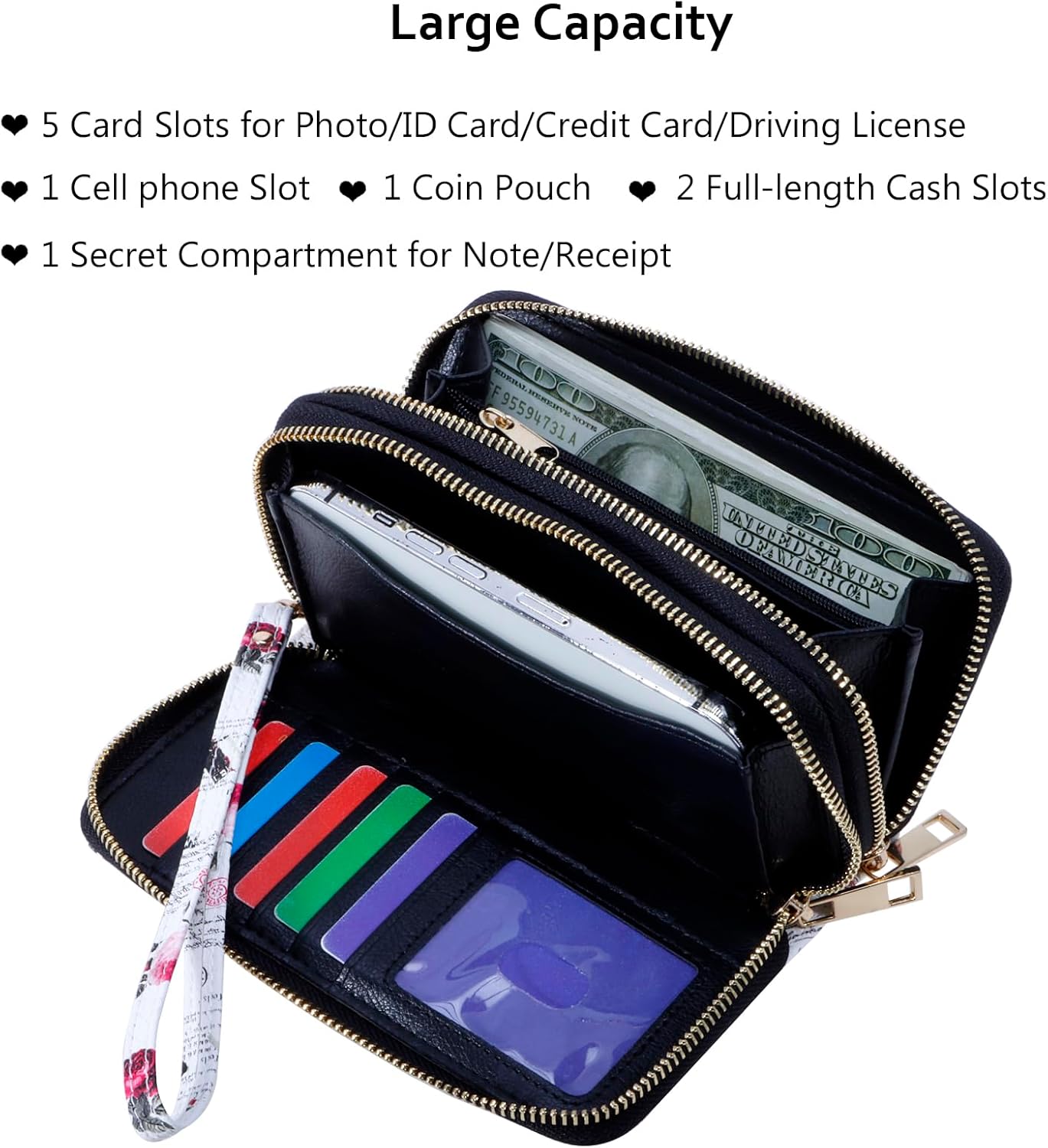 XEYOU Double Zipper Long Clutch Wallet Cellphone Wallet for Women with Removable Wristlet Strap for Credit Card, Cash, Coin, Bill - Image 3