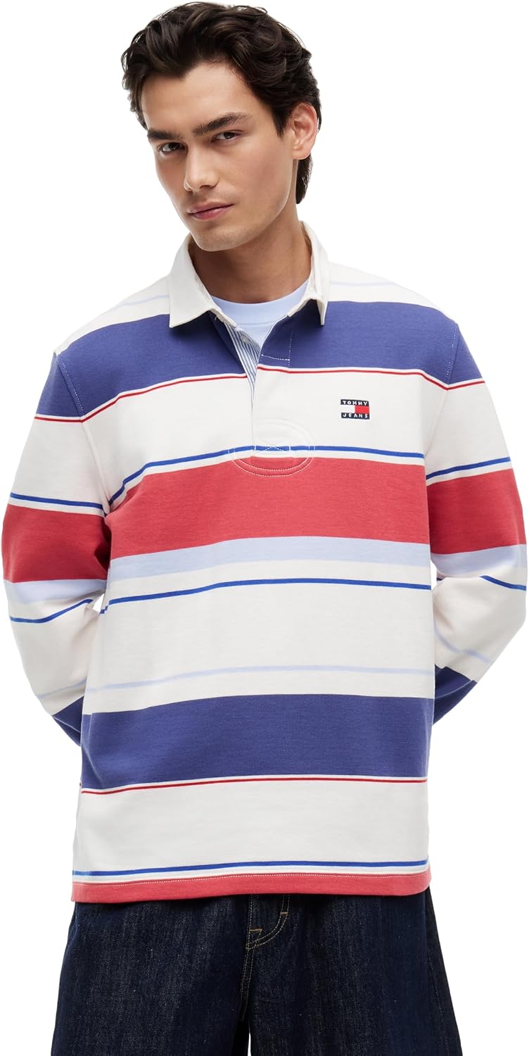 Tommy Jeans Men's Long Sleeve Cotton Striped Rugby Polo Shirt in Relaxed Fit