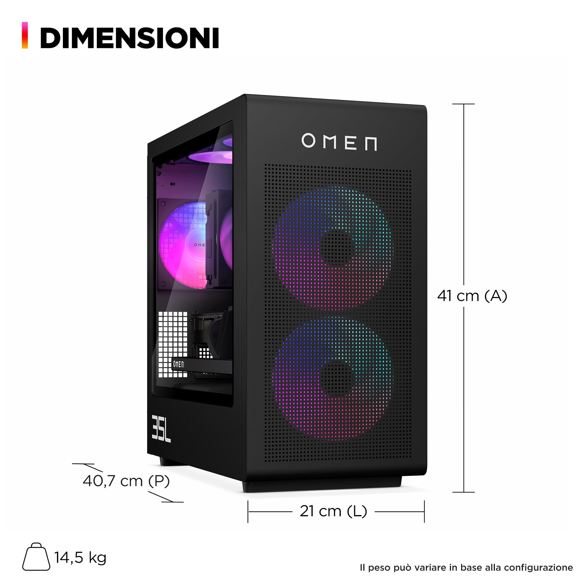 HP OMEN 35L GT16-0007sl Desktop, AMD Ryzen 7 8700F, Kingston FURY 32GB RAM, 1TB SSD, NVIDIA RTX 5070 12GB, 3 Mesi di PC Game Pass Incluso, Windows 11, Nero