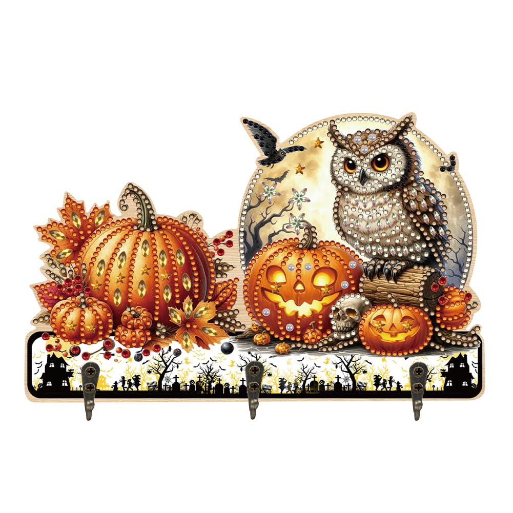 Diamond Art Kits for Adults, DIY Diamond Painting Key Holder for Wall with 3 Hooks for Hanging Keys, Sunglasses, Bag (Halloween Owl)