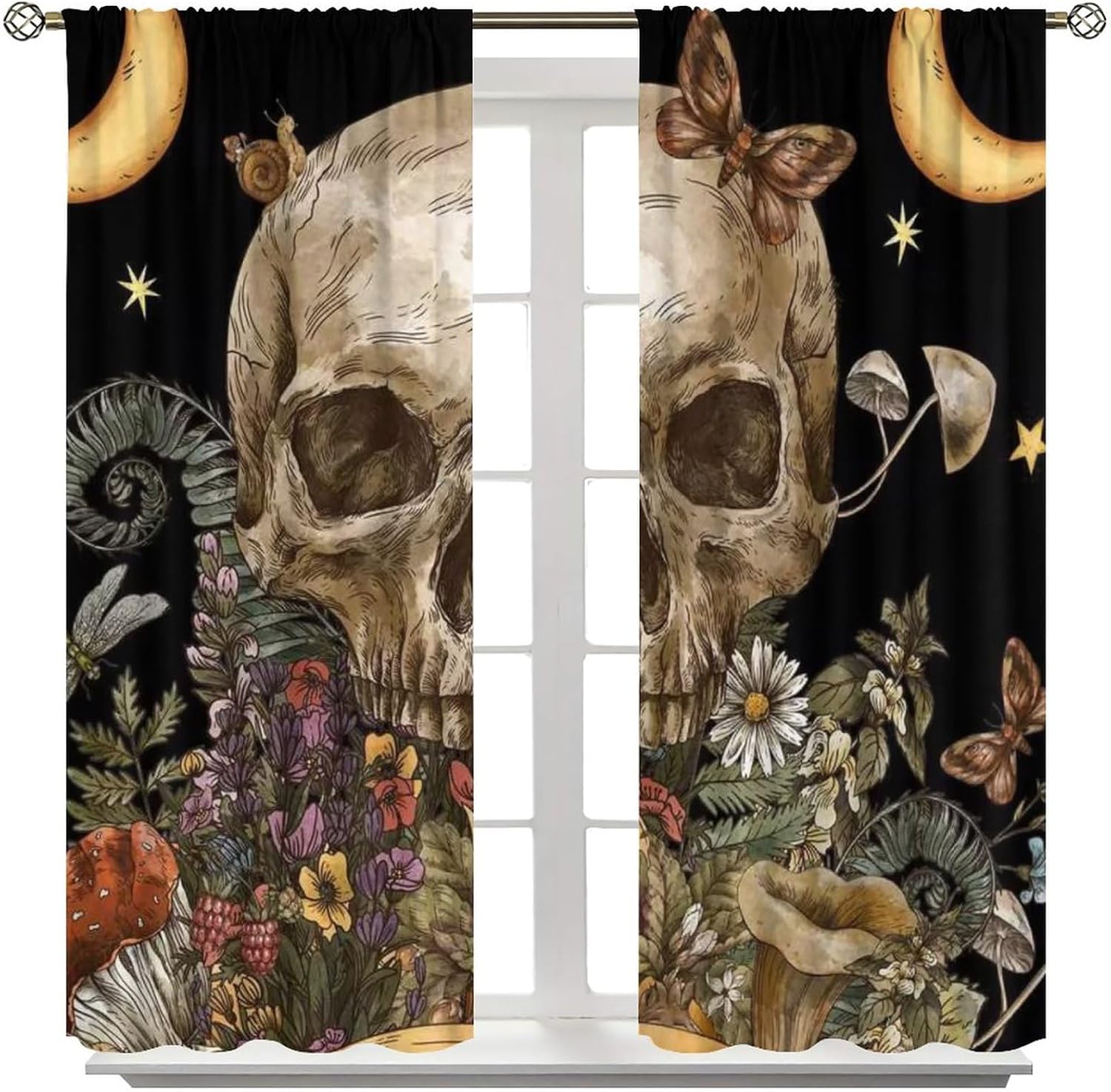 Vintage Gothic Skull Rod Pocket Curtains for Bedroom - Abstract Halloween Sun Moon Galaxy Eucalyptus Mushroom Window Drapes, Energy Saving Blackout Curtains 2 Panels 54" L x 21" W