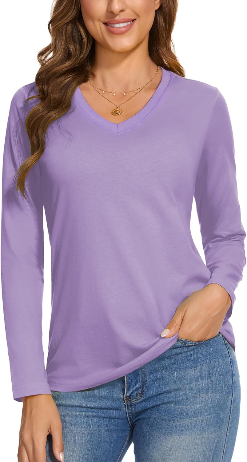 SMENG Womens Long Sleeve Shirts Cotton V Neck T Shirt Basic Tops Casual Soft Tees