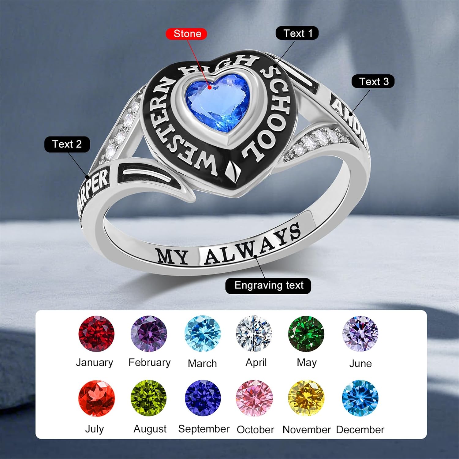 LucySky Custom Class Rings for Women 925 Sterling Silver/Brass Personalized Class Ring with Birthstones High School College University Graduation Rings for Her Graduation Gifts