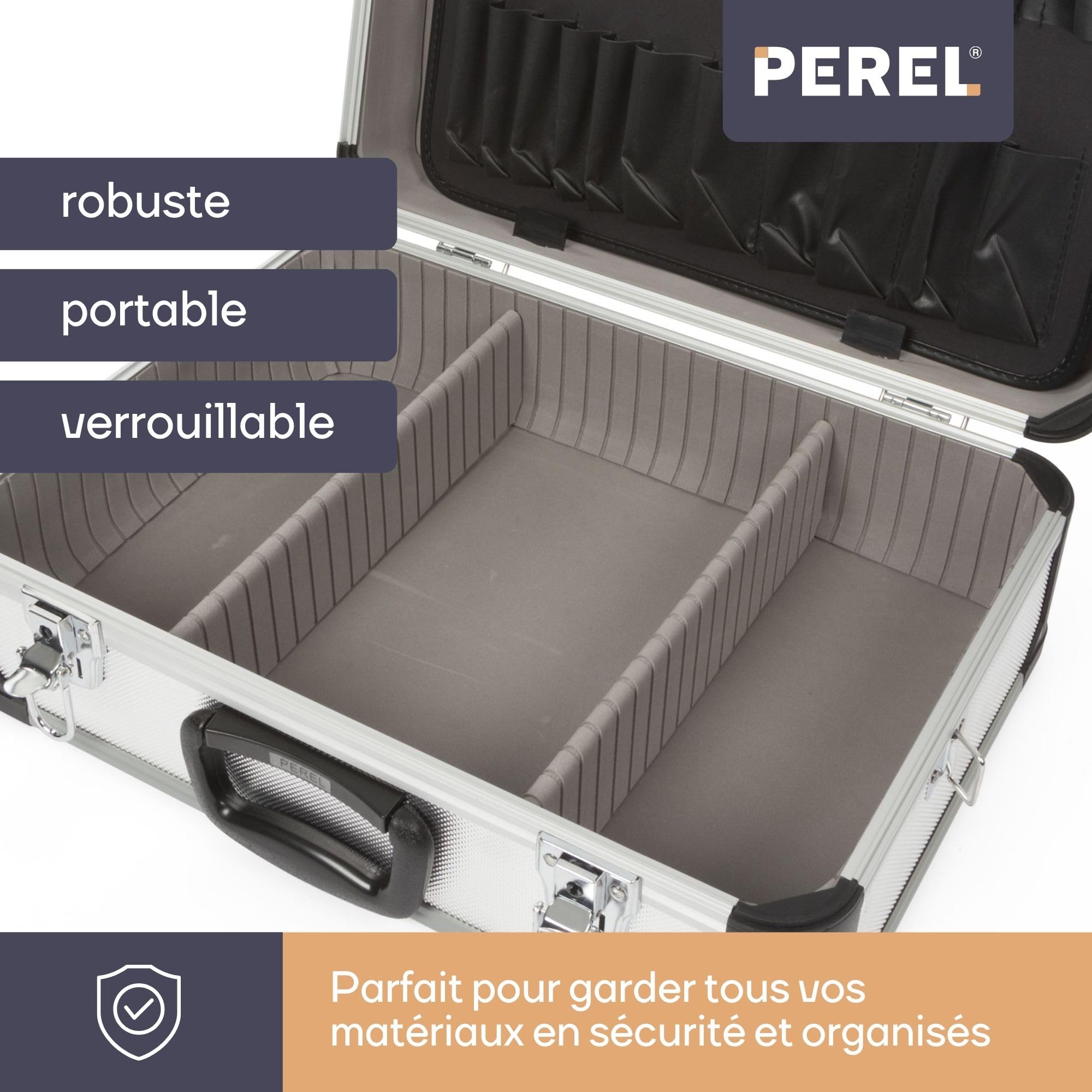 Perel Mallette à outils vide, valise outils vide, mallette de rangement, valise transport, compartiments individuels, poches à outils, verrouillable, 2 clés incl., aluminium, bandoulière, gris, 460 x