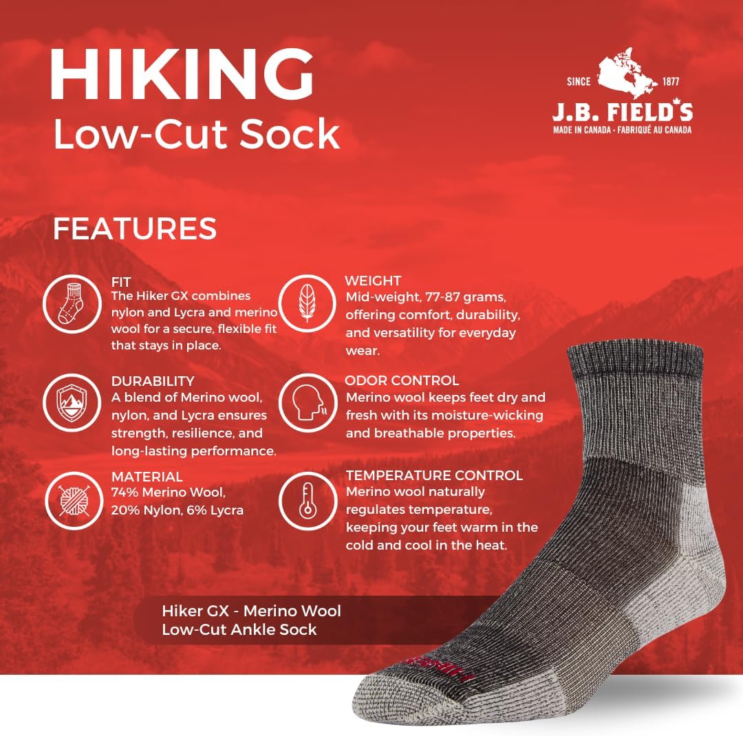 J.B. Field's 74% Merino Wool Low-cut Hiking Socks for Men & Women, for Fall, Summer, Trekking & Outdoor 3 Pairs