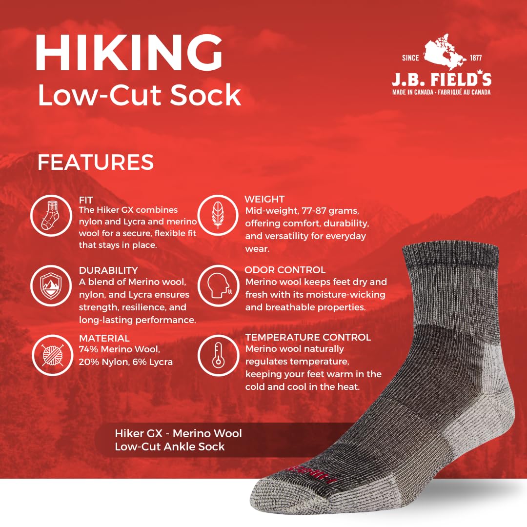J.B. Field's 3 Paar Low Cut Wandersocken aus 74% Merinowolle für Damen & Herren für Herbst, Sommer, Trekking & Outdoor