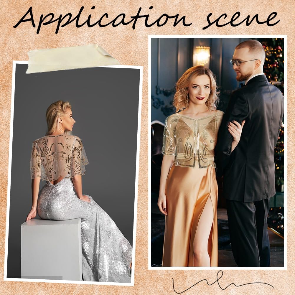 Gold Sequin Shawl Wrap 1920s Womens Polyester Flapper Cover Up Sequins Beaded Sheer Silky Chiffon Evening Cape Shawls and Wraps for Women Evening Dresses Party Wedding Formal Accessories - Image 4