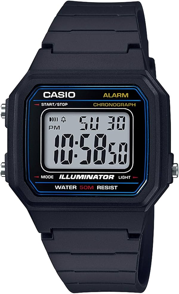 Casio Serie W217H | Reloj digital para hombre | Resistente al agua 50M | Cronómetro de 1/100 seg | Luz LED | Temporizador de cuenta regresiva | Cronógrafo de 100 seg | Alarma diaria | Señal horaria | Batería de 7 años