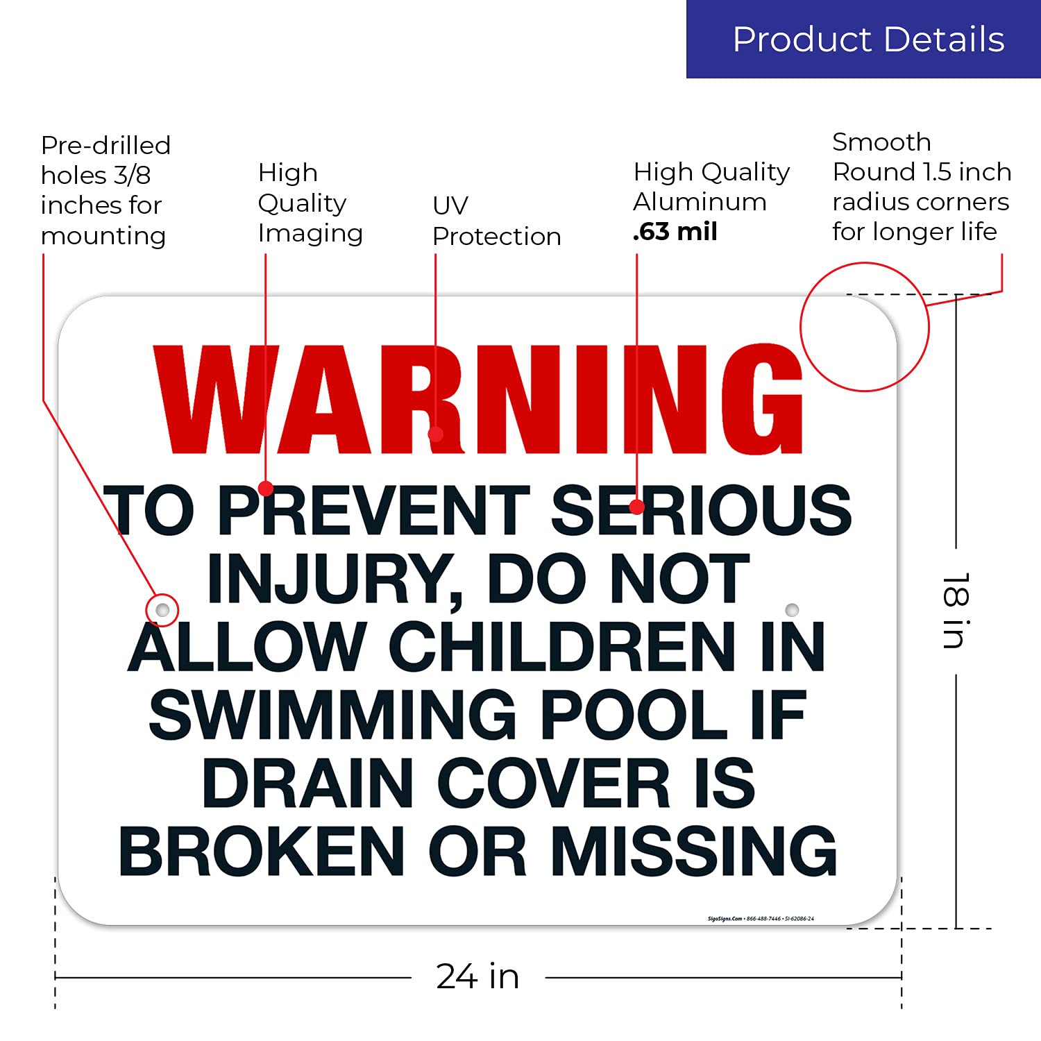 Mississippi Drain Cover Warning Sign, Complies with State of Mississippi Pool Safety Code, 18x24 Inches, Rust Free .063 Aluminum, Fade Resistant, Made in USA