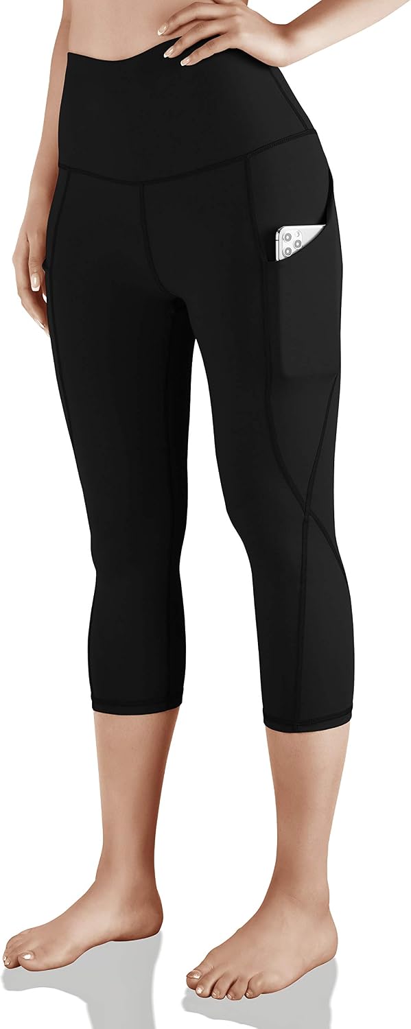 ODODOS Women's High Waist Yoga Capris with Pockets,Tummy Control,Workout Capris Running 4 Way Stretch Yoga Leggings with Pockets,Black,Large