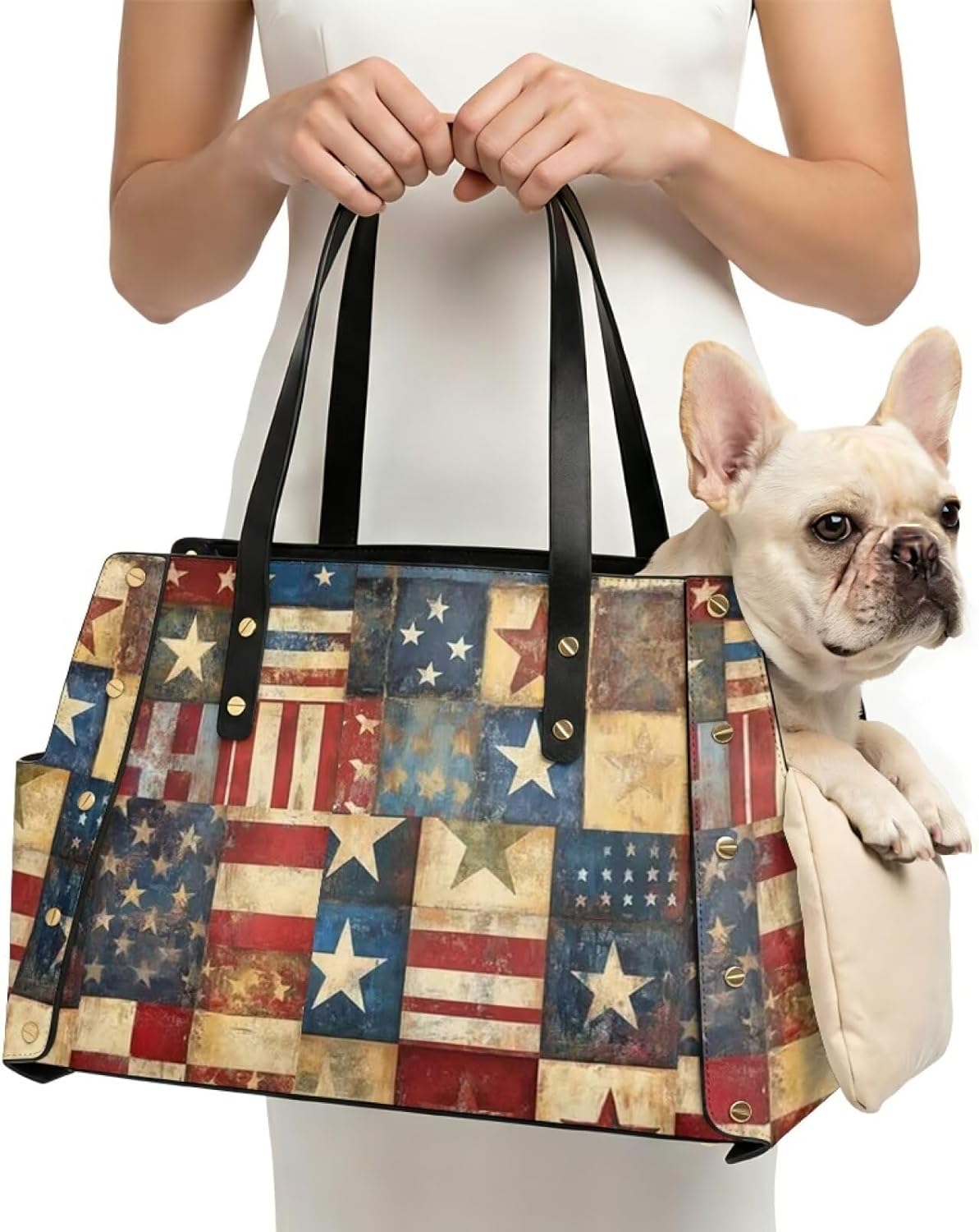 FUSURIRE Top Handle Leather Pet Carrier, Portable Dog Purse with Removable Cushion, Waterproof Travel Handbag for Small Dogs and Cats，Ameican Flag Patchwork Print
