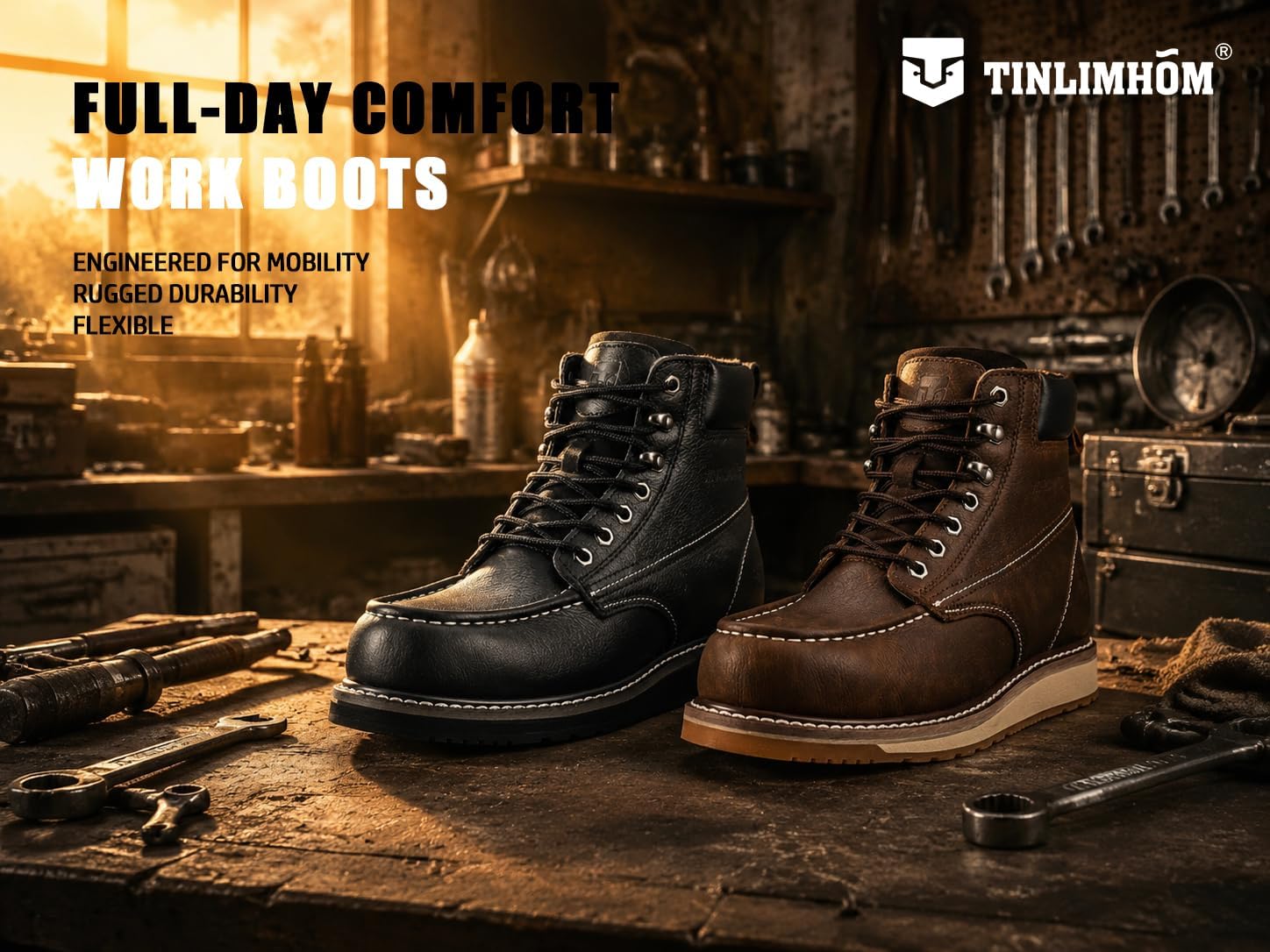 Moc Toe Work Boots for Men Water Resistant – Soft Toe & Steel Toe Available, Comfortable Full Grain Leather Non-Slip Wedge Outsole Construction Workboots