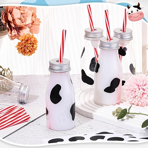 Miniatura 7 de Juego de 24 botellas de leche de plástico de 7 onzas con pajitas, tapas de metal plateado, calcomanías de leche con estampado de vaca, recipientes