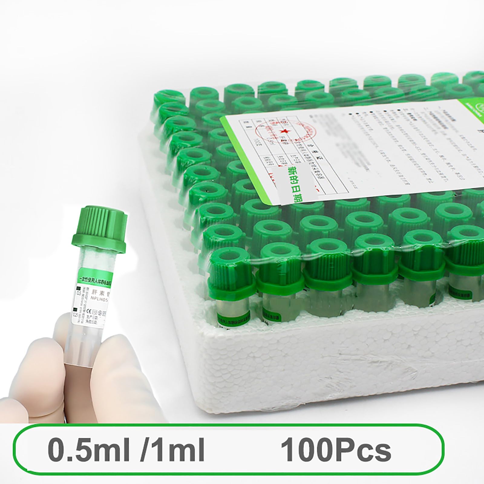100 Provette per La Raccolta del Sangue sotto Vuoto (0,5ml/1ml), Provetta Verde con Eparina di Litio/Provetta Viola con Anticoagulante EDTA K2,Green-0.5ml