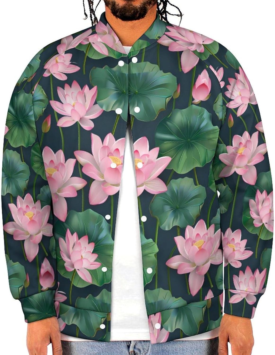 Lotuses Flowers Novelty Men's Baseball Jackets Causal Sweatshirt Button Top Long Sleeve Coat