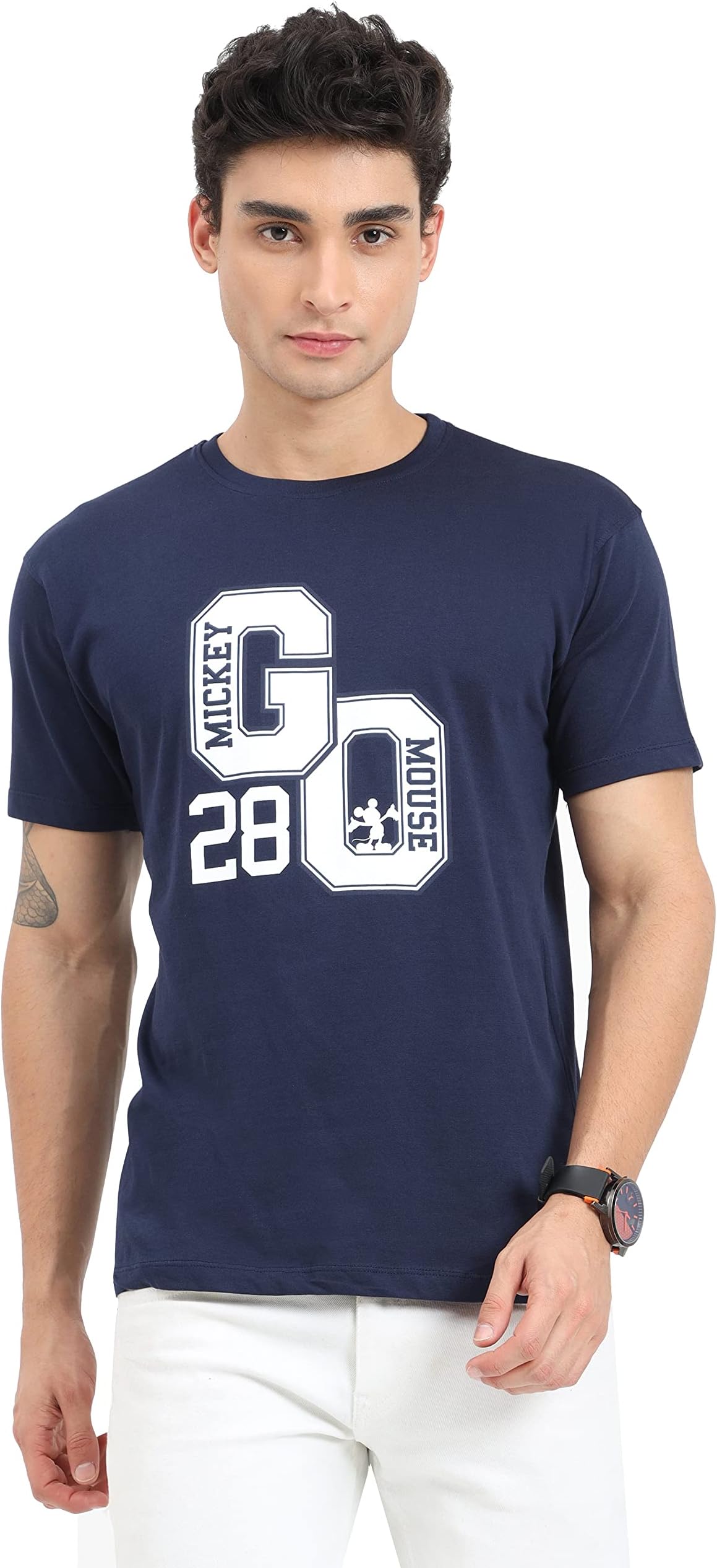 COOFTBrand Mickey Mouse GO 28 Design Print Navy Blue Color Regular Fit Round Neck T-Shirt for Men | Official Licensed Disney Merchandise