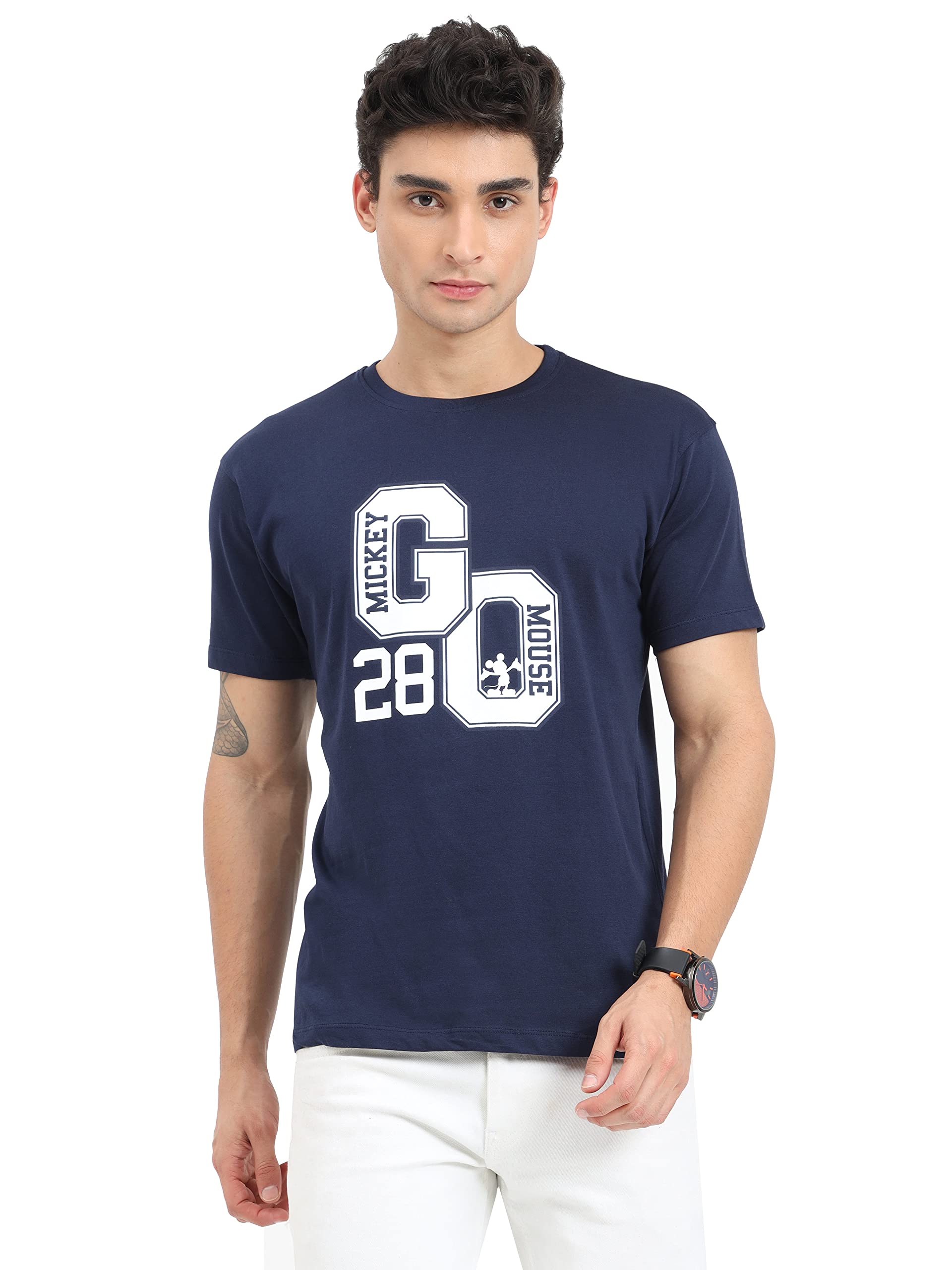 COOFTBrand Mickey Mouse GO 28 Design Print Navy Blue Color Regular Fit Round Neck T-Shirt for Men | Official Licensed Disney Merchandise