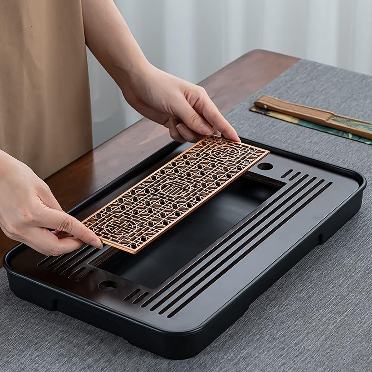 Home Tea Tray Water Storage and Drainage Design Tea Tray Hollow Window grilles Detachable Kung Fu Tea Set Garden Tea tableA (A)