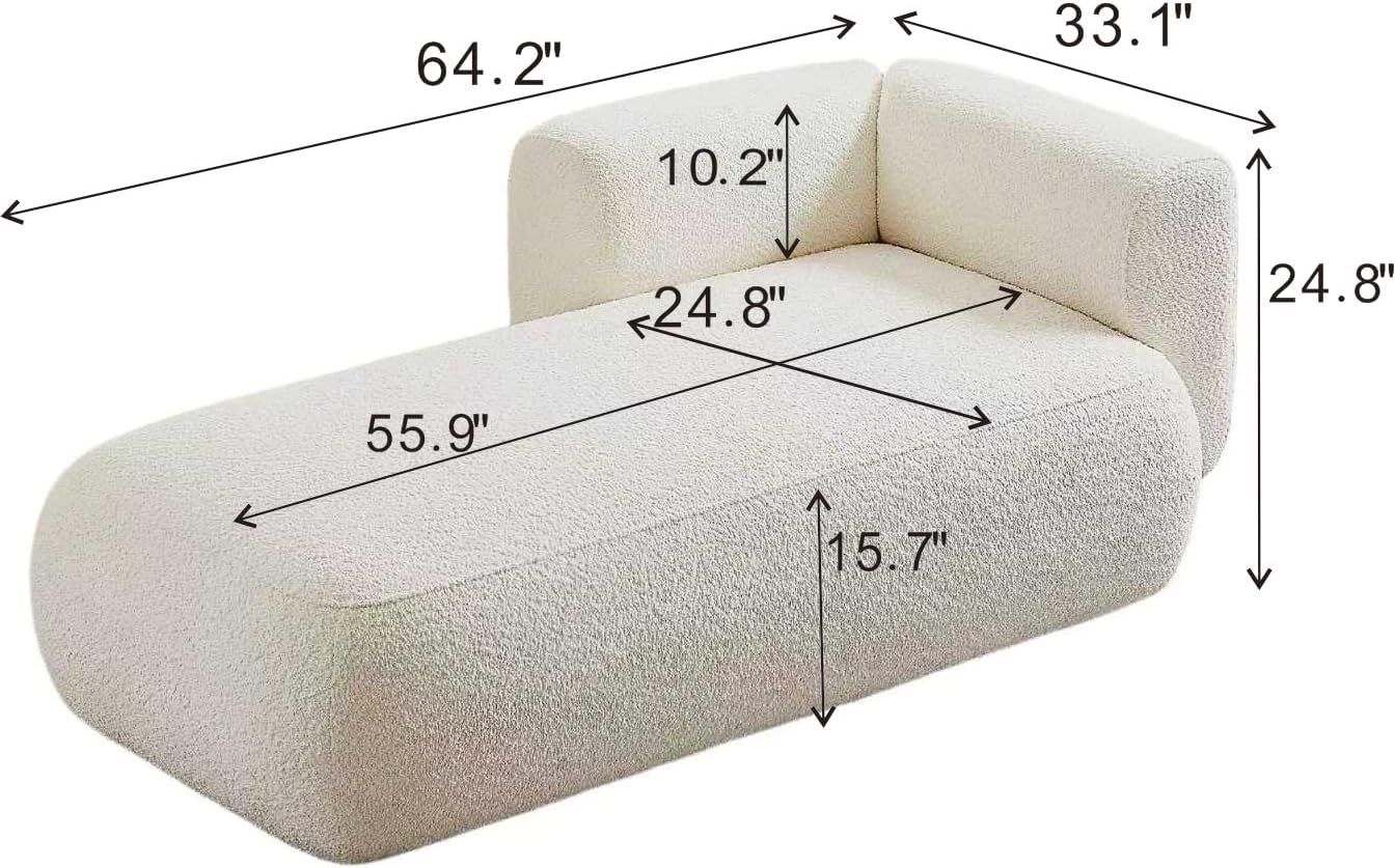 KEIKI 64" Boucle Upholstered Chaise Lounge Chair for Indoor, Small Space Reading or Relaxing, Right-Hand Facing Lounge with Wooden Legs, Cream