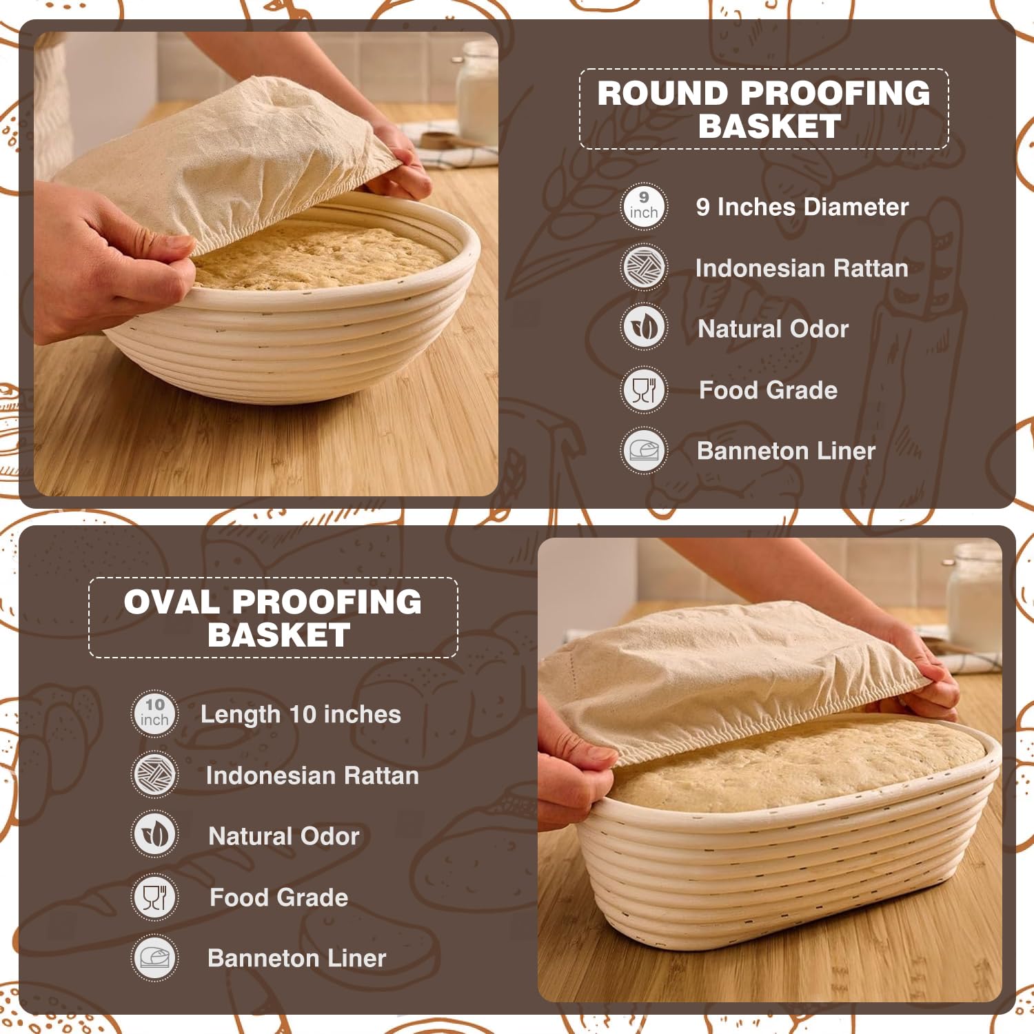 2 Stück Gärkörbchen Aus Rattan - Rund 23cm Für Brotbacken