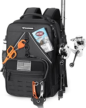 KastKing KarryAll KastMate Fishing Tackle Backpack,Water-Resistant Fishing Bag With 2 Rod Holders,Fishing Gear and Equipment With Large Gear Storage,Black