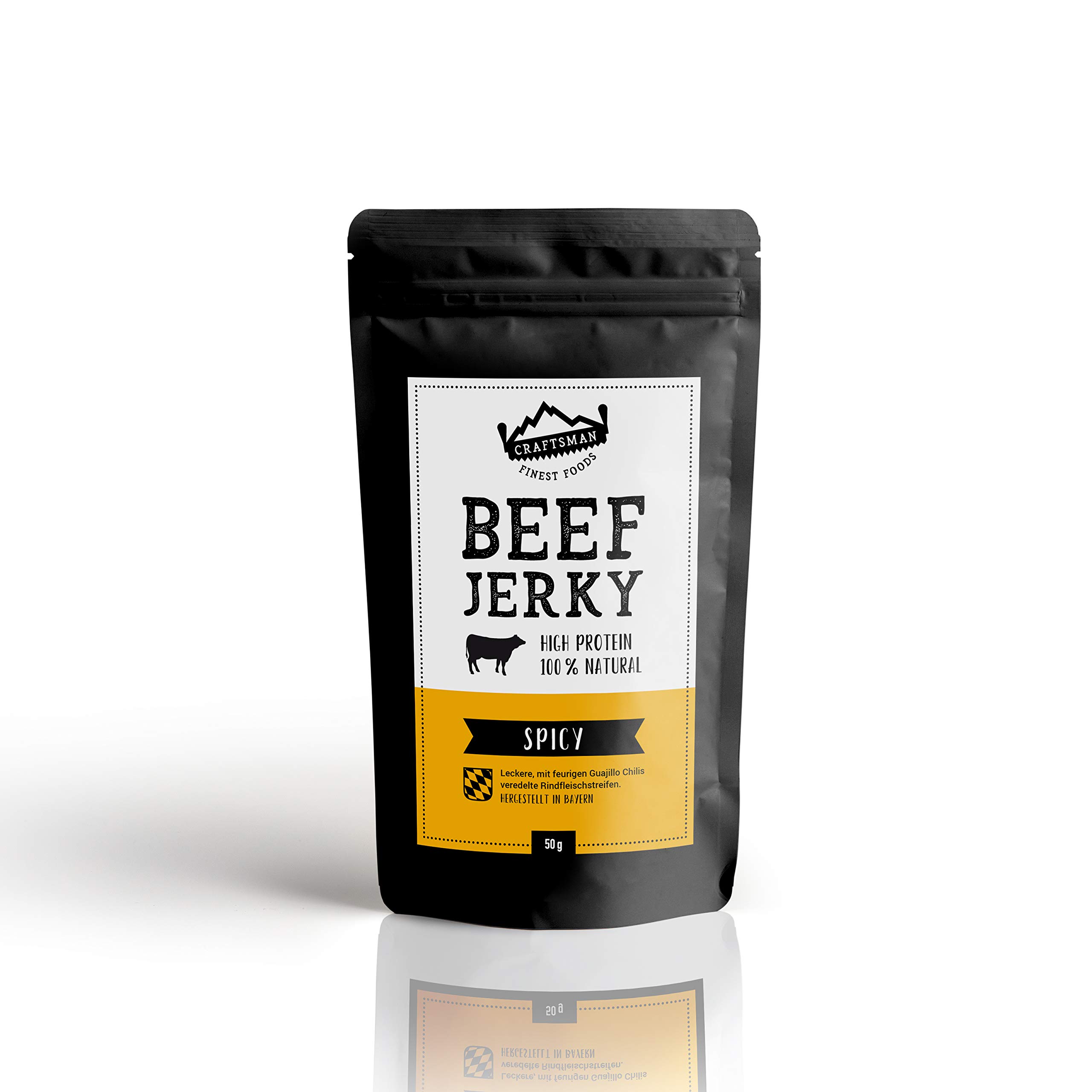 Craftsman Beef Jerky Spicy 500g | Trockenfleisch mit Chili aus Deutschland - Bayern | Jerky Beef Set 10 x 50g | 100% Rind | High Protein 68% | 100% Natürlich | Ohne Zucker