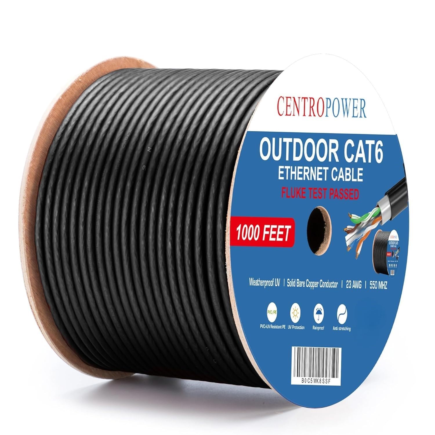 Outdoor Direct Burial Cat 6 Ethernet Cable 1000 ft - Waterproof, UV, Complies ETL Listed, 23AWG Solid Bare Copper, 550MHz PoE++, Unshielded UTP LAN, Reel-Mounted - 4PPoE Compatible