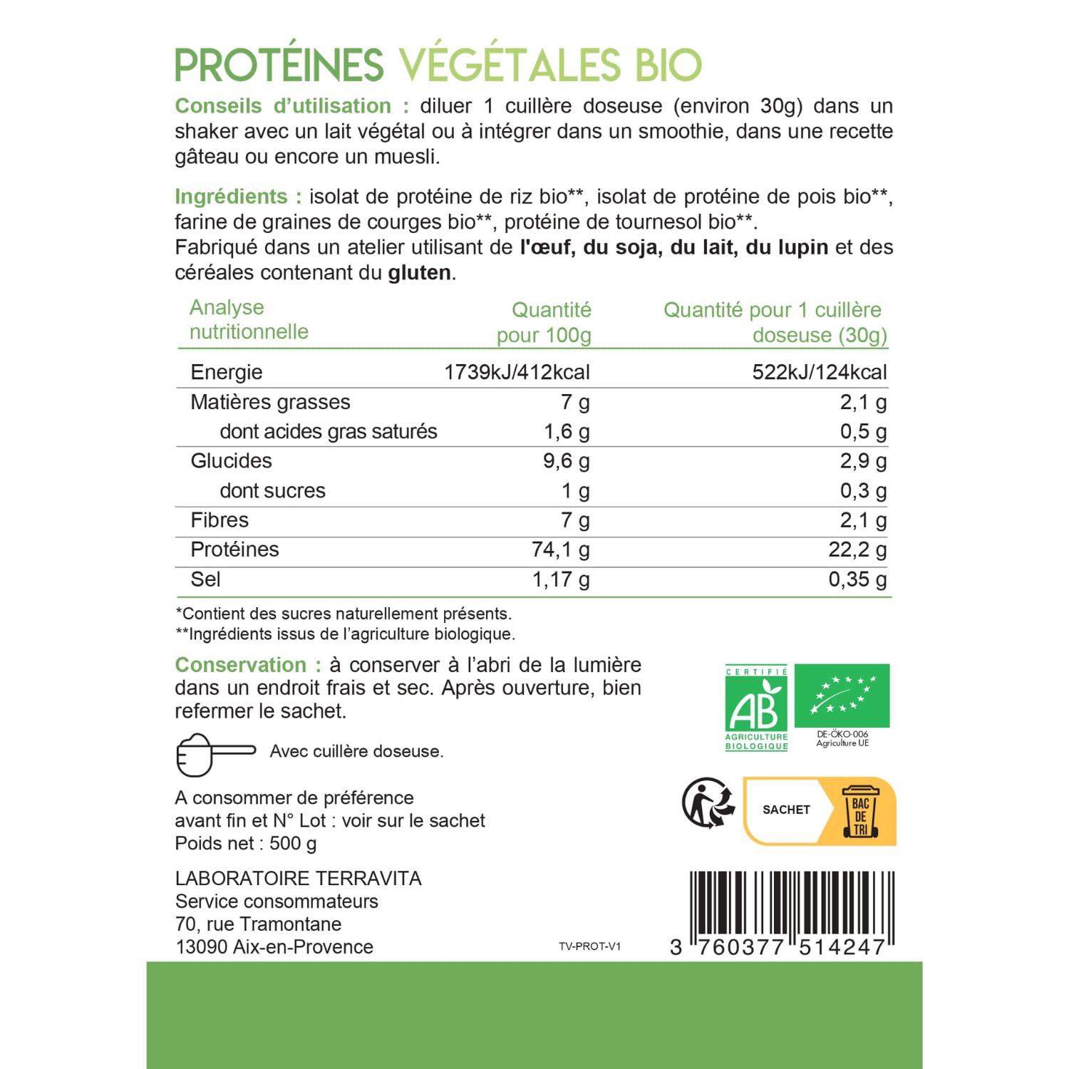 Protéines Végétales BIO | 4 Sources : Aminogramme Complet | Idéale en Shaker ou Recette | Mélange Onctueux sans Grumeaux | 500g Goût Neutre | Sans Excipients & Vegan | Made in France | Terravita