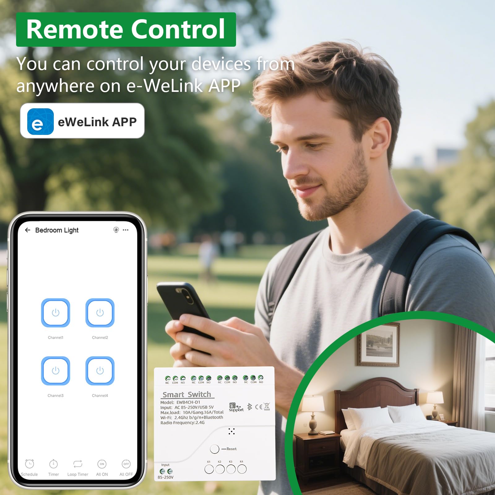 Wengart Interruptor de relé WiFi inteligente AC 85-250 V 10 A, módulo de relé de 4 canales de contacto seco, 2,4 GHz, aplicación Ewelink, funciona con Alexa Google Home, admite tres modos de control