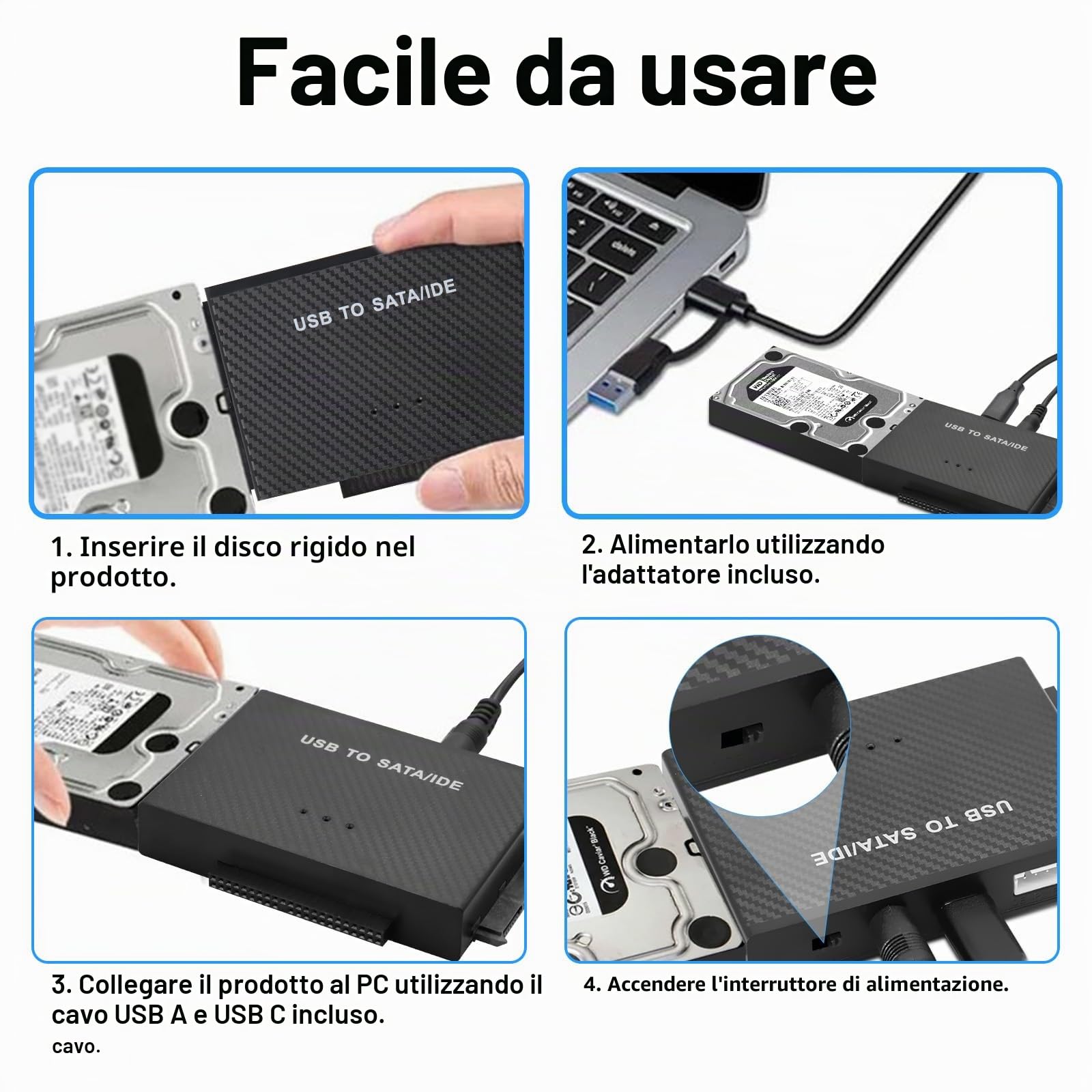 6Gbps USB3.1 a SATA IDE Adattatore per Disco Rigido Convertitore SATA&IDE, Adattatore USB3.1 IDEeSATA per Unità HDD o SSD da 2,5 e 3,5 Pollici, CD-ROM, CD-RW, DVD-RW