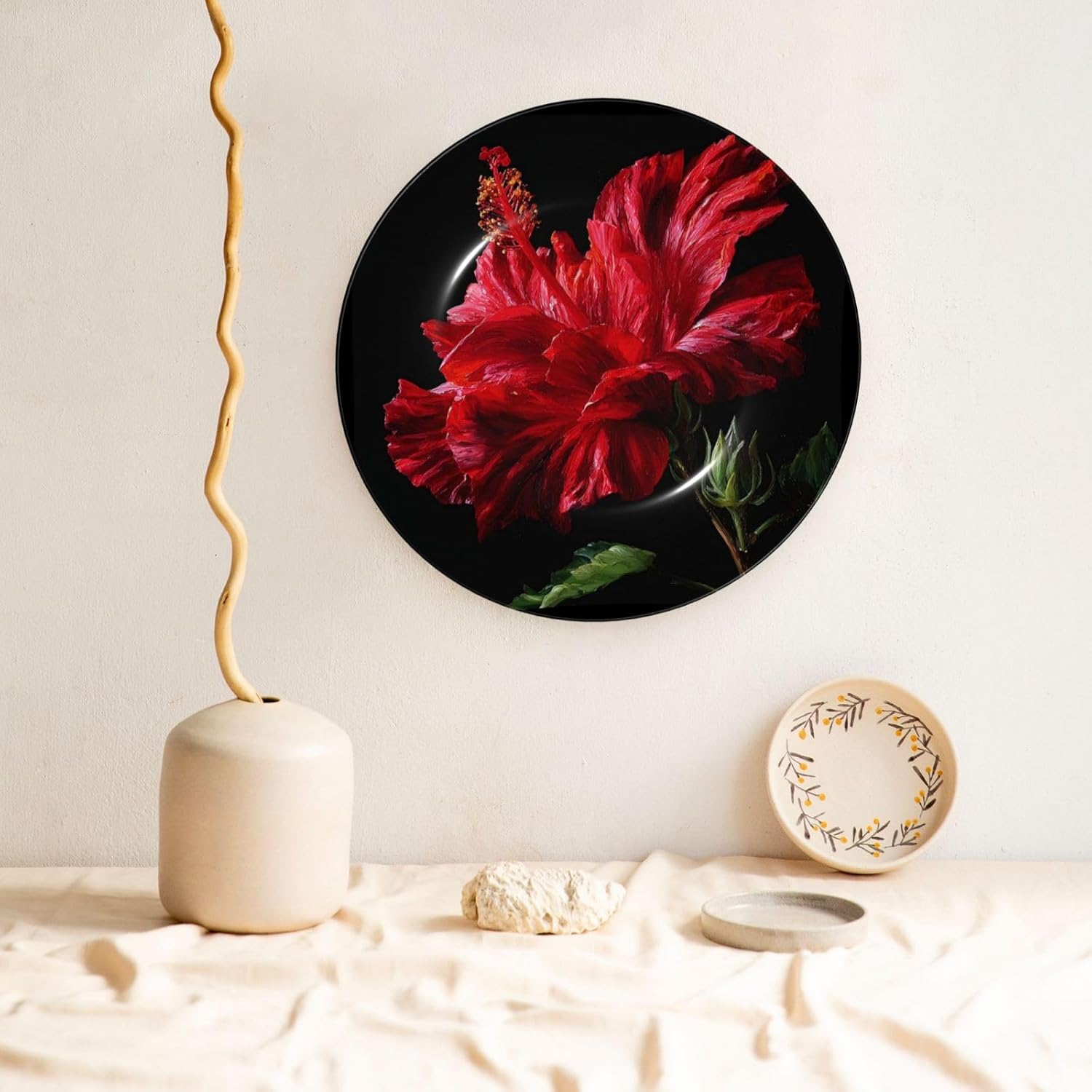 Decorative Plate 10in Dessert Plate Ornament Ceramic Plates with Display Red Hibiscus Bone China Decorative Plat Stand Hanging Porcelain Plate for Home Wall Decor