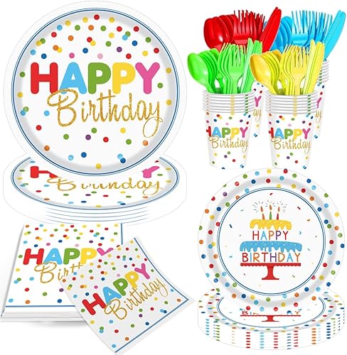 Juego de 140 piezas de suministros para fiesta de cumpleaños con diseño colorido de lunares, incluye platos desechables de cumpleaños y servilletas,