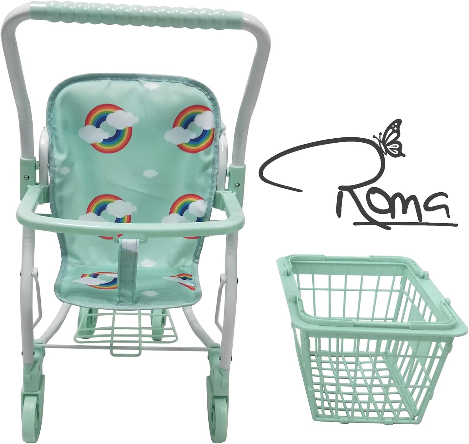 Roma Rupert Shopping Cart Trolley | Rainbow Print | Mint | Removable Basket | Toy Food Boxes | Designed in The UK