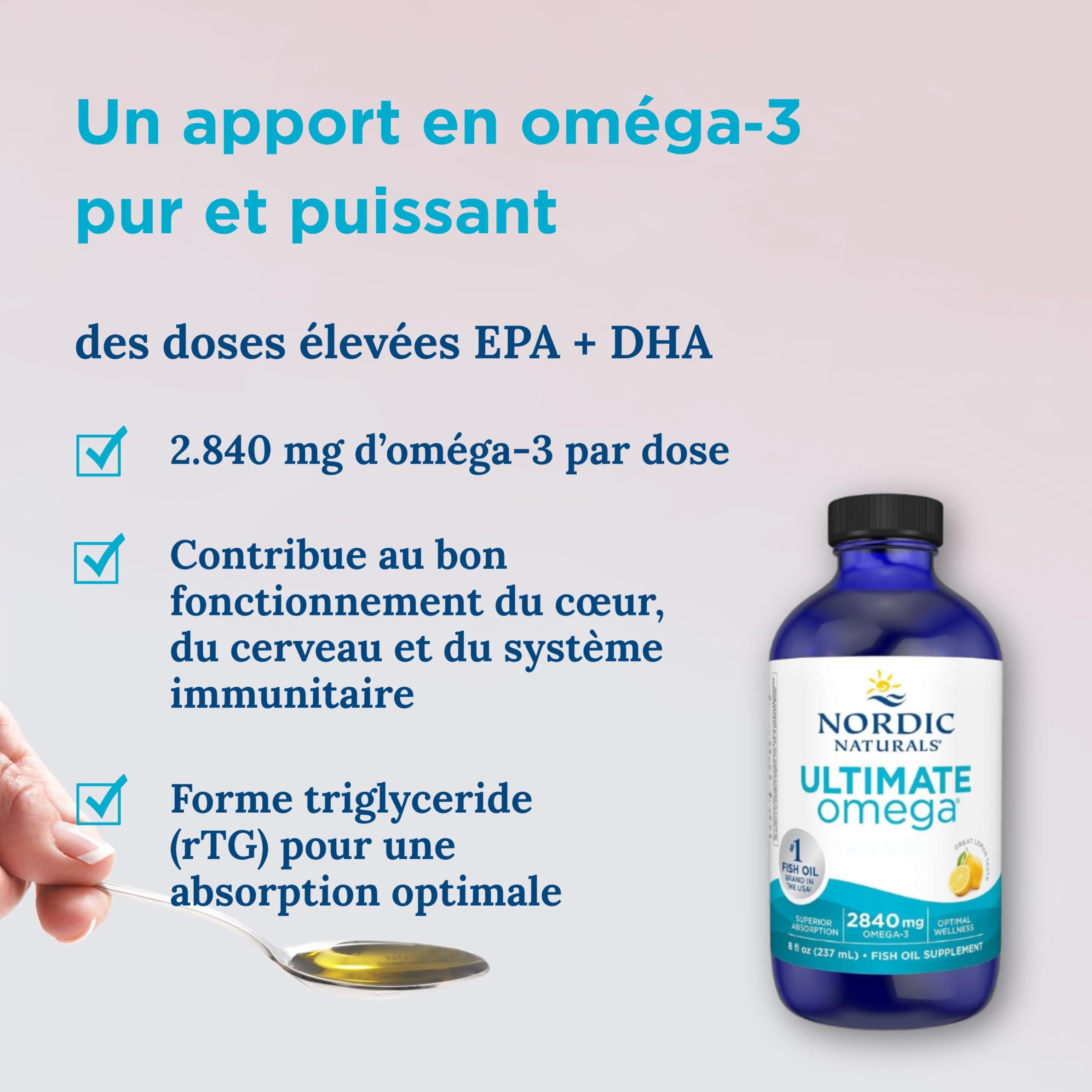 Nordic Naturals, Ultimate Omega, 2840mg Omega-3, Huile de Poisson avec EPA et DHA, Goût Citron, 237ml, Testé en Laboratoire, Sans Soja, Sans Gluten, Sans OGM