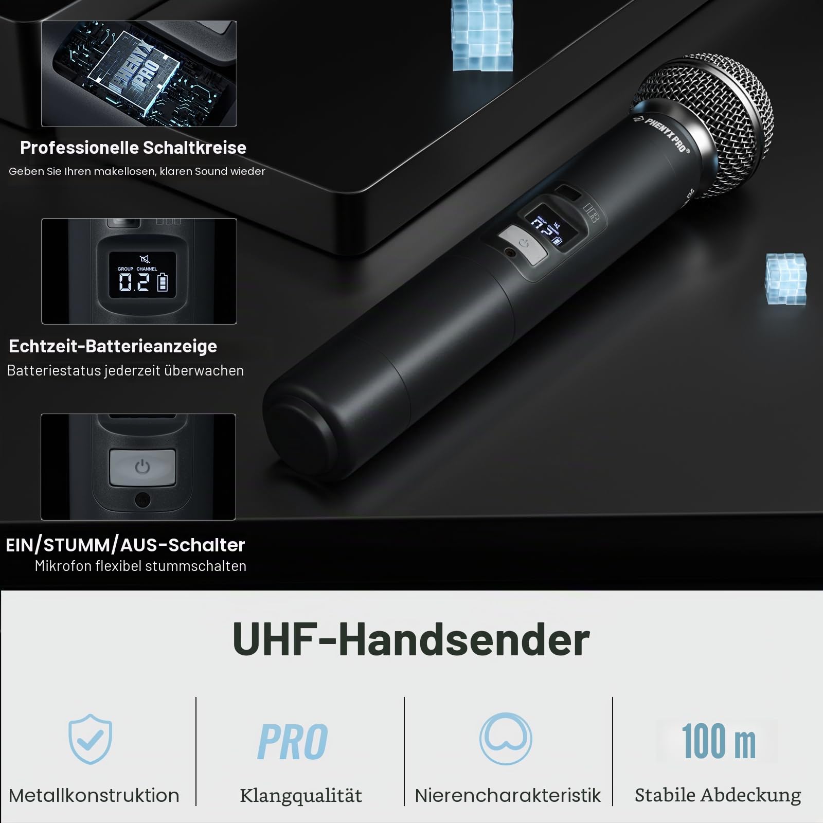 Phenyx Pro Funkmikrofon-System UHF Dual Auto Scan PTU-71-1H1B | Dynamisches Handmikrofon, Lavalier-/Headset-Mikrofon, 2 × 100 Frequenzen, 328 Fuß, Live-Gesang, Karaoke, Gottesdienste