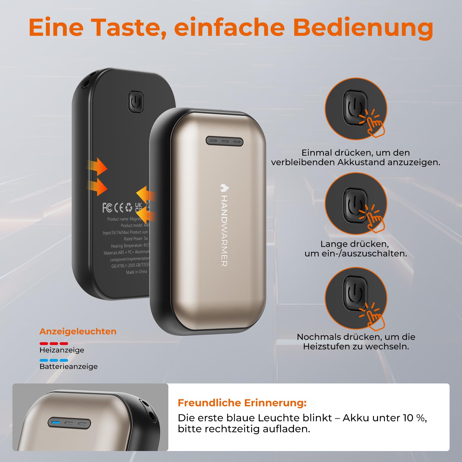 Fitabok Handwärmer Elektrisch 2-Pack – 6000mAh Magnetischer Taschenwärmer, USB-C Elektrische Handwärmer Wiederaufladbar Schnellheizung, 3 Heizstufen Bis 55°C, für Outdoor, Camping, Golf, Raynaud