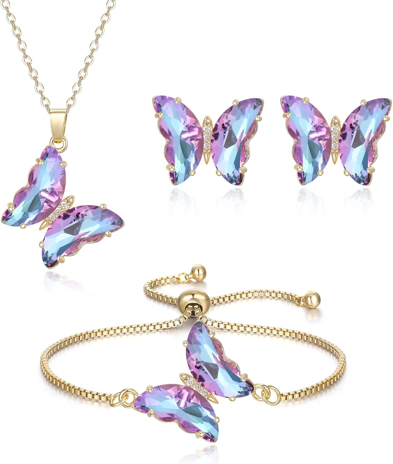 Crysdue Sparkling Cubic Zirconia Butterfly Necklace Stud Earrings Adjustable Slider Bracelet Jewelry Set, Birthday/Valentines/Mothers Day/Christmas Jewellery Gift for Women