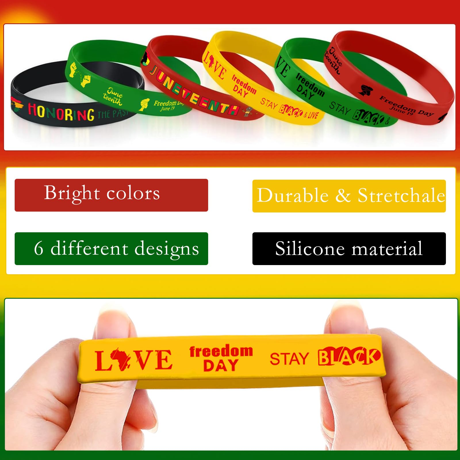 60 Pcs Juneteenth Decorations Bracelets Bulk Party Favors Juneteenth Day Accessories Decoration Favors Silicone Bracelets for Friends or Classmates Coming to The Black American Freedom Day Party