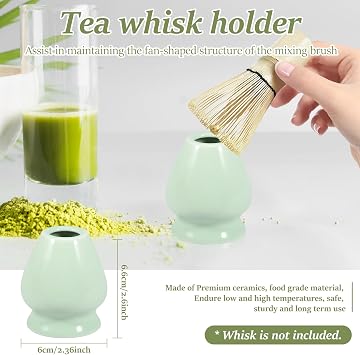 Matcha Whisk Set, 2PCS Matcha Whisk Set with Bow Includes 18OZ Bowl with Ceramic Chasen Stand, DIY Kits for Women Men Girl Ceremony, Tea Enthusiasts Lovers(Green)