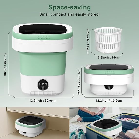Portable Washing Machine, 12L Upgraded Mini Washing Machine With Spin Basket, Foldable Washer Cleaning for Underwear, Baby Clothes Socks and Small Items, Small Washer for Apartments, Dorm,RV (Green)