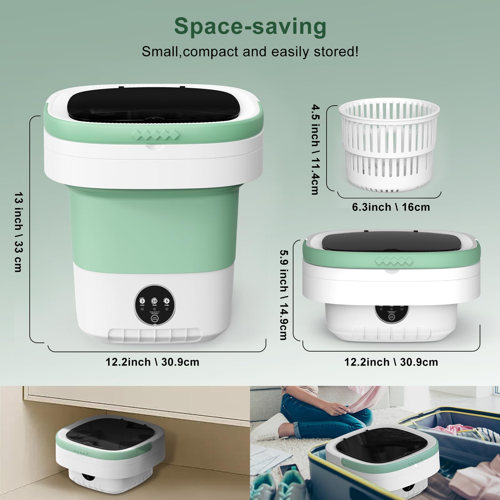 Mini Waschmaschine, 12L 2 in 1 Camping Waschmaschine Klein mit Abnehmbarer Trockenkorb, 3 Modi Tiefenreinigung Portable Mini Washing Machine,Reisewaschmaschine für Unterwäsche, Babykleidung (Grün)