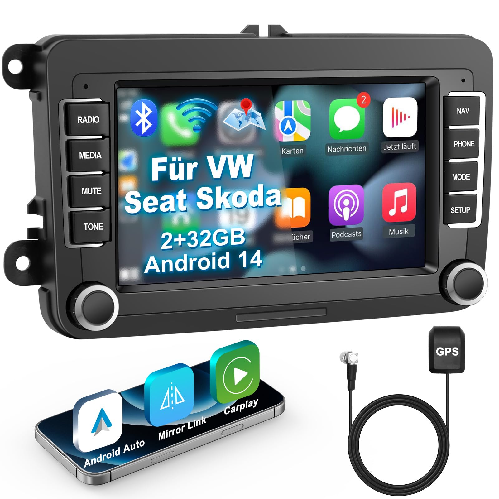 Lehwey Bluetooth Autoradio mit Bildschirm für Golf 5 6 VW Polo T5 Passat Touran Seat mit Navi WLAN FM/AM, Apple Carplay, Android Auto, Lenkrad Strg, 2Din Android 14 Dab Auto Radio Touch Display 7 Zoll