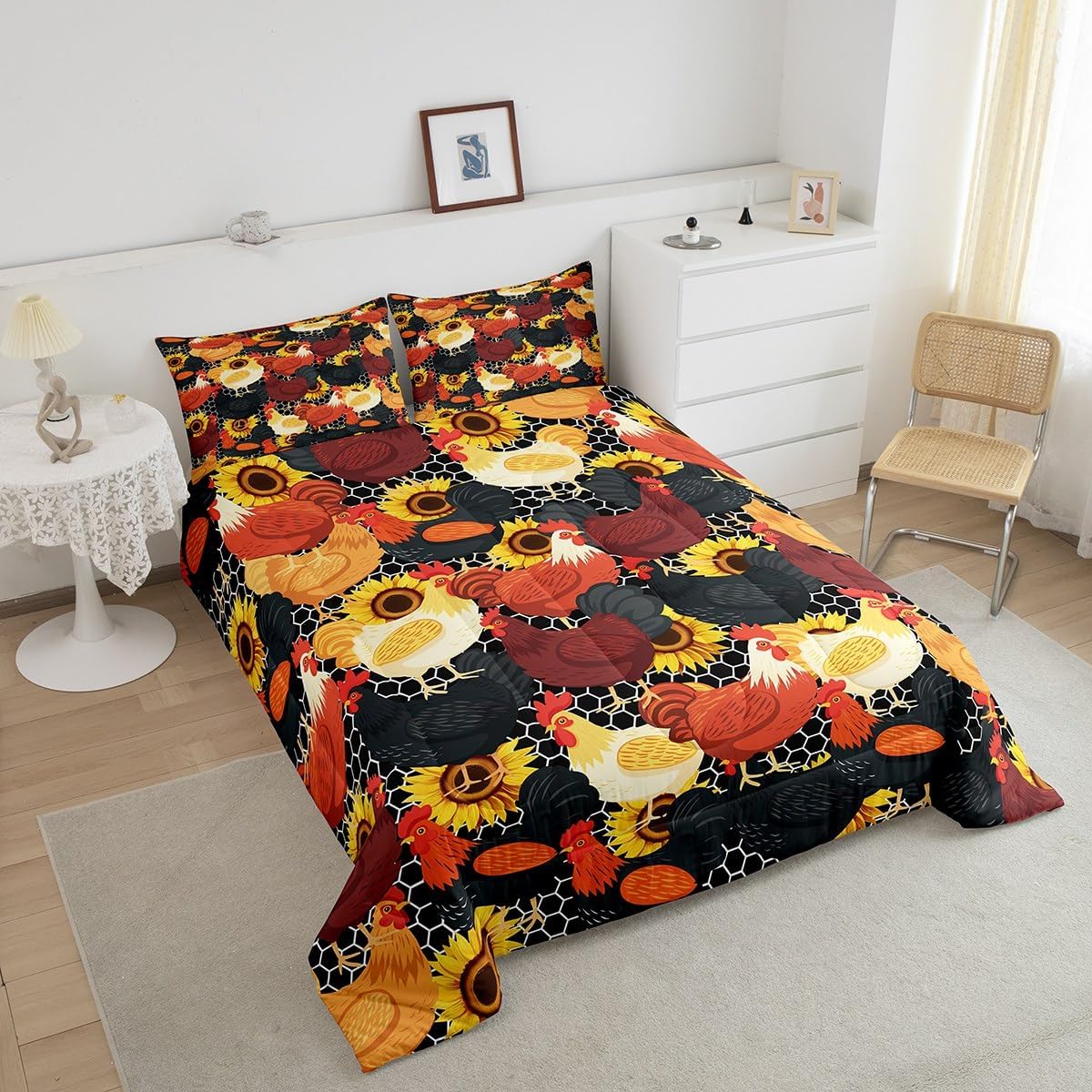 Castle Fairy Watercolor Chicken Sunflowers Comforter Set Full Size 3 Pcs Modern Geometric Honeycomb Grid Comforter Cute Farm Animal Rustic Farmhouse Style Bedding Set with 2 Pillowcases+1 Comforter