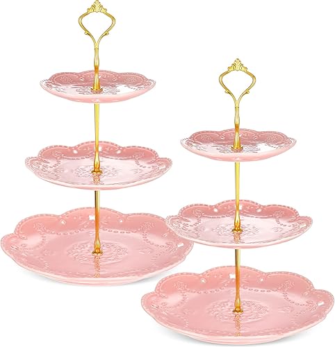Tanlade 2 soportes de porcelana para cupcakes de 3 niveles, bandeja para servir postres escalonados, platos de fiesta de té en relieve, soporte para