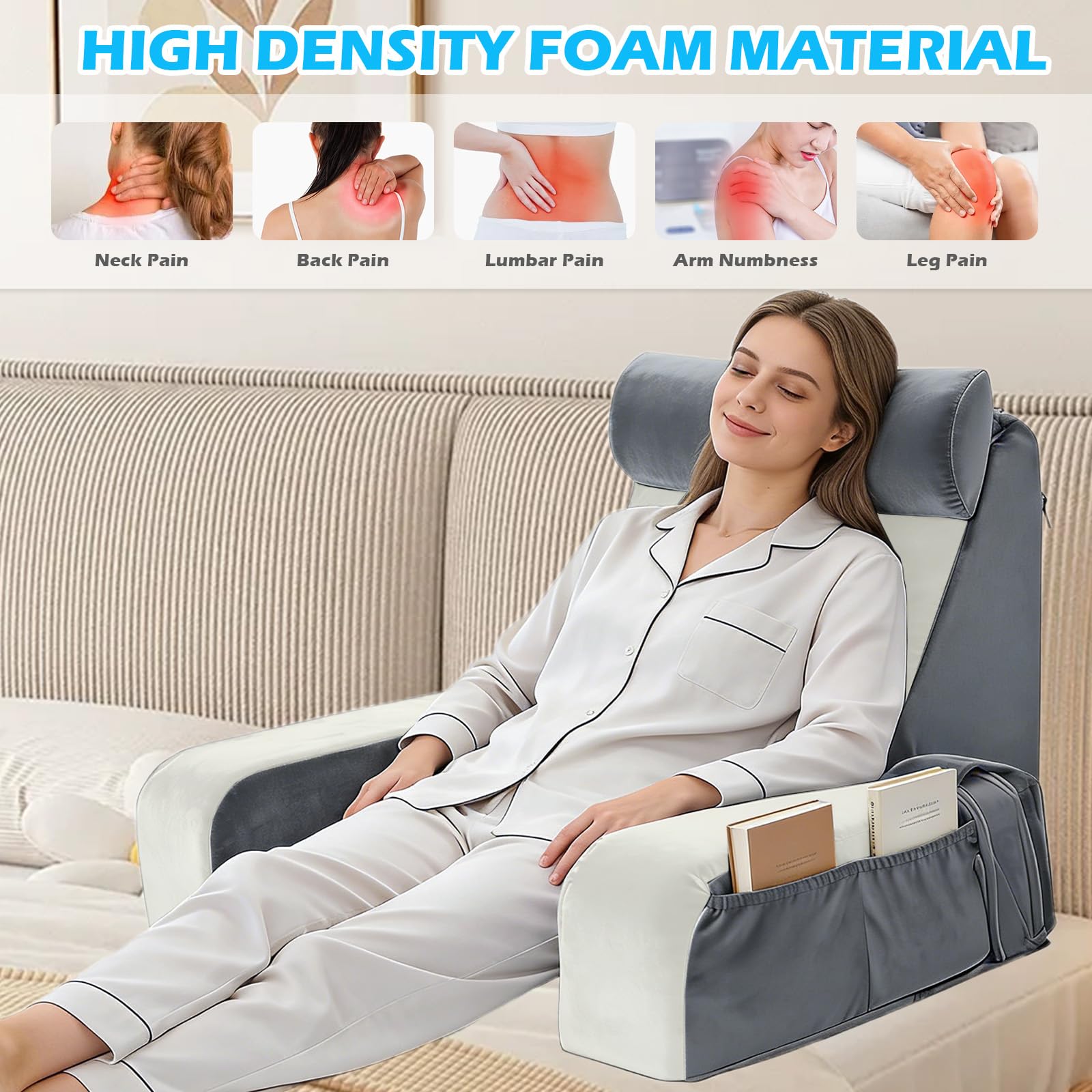 Cuscino da lettura per adulti, cuscino per schienale per letto e divano con braccioli rimovibili, schienale ergonomico per leggere, guardare la TV e rilassarsi, rivestimento lavabile
