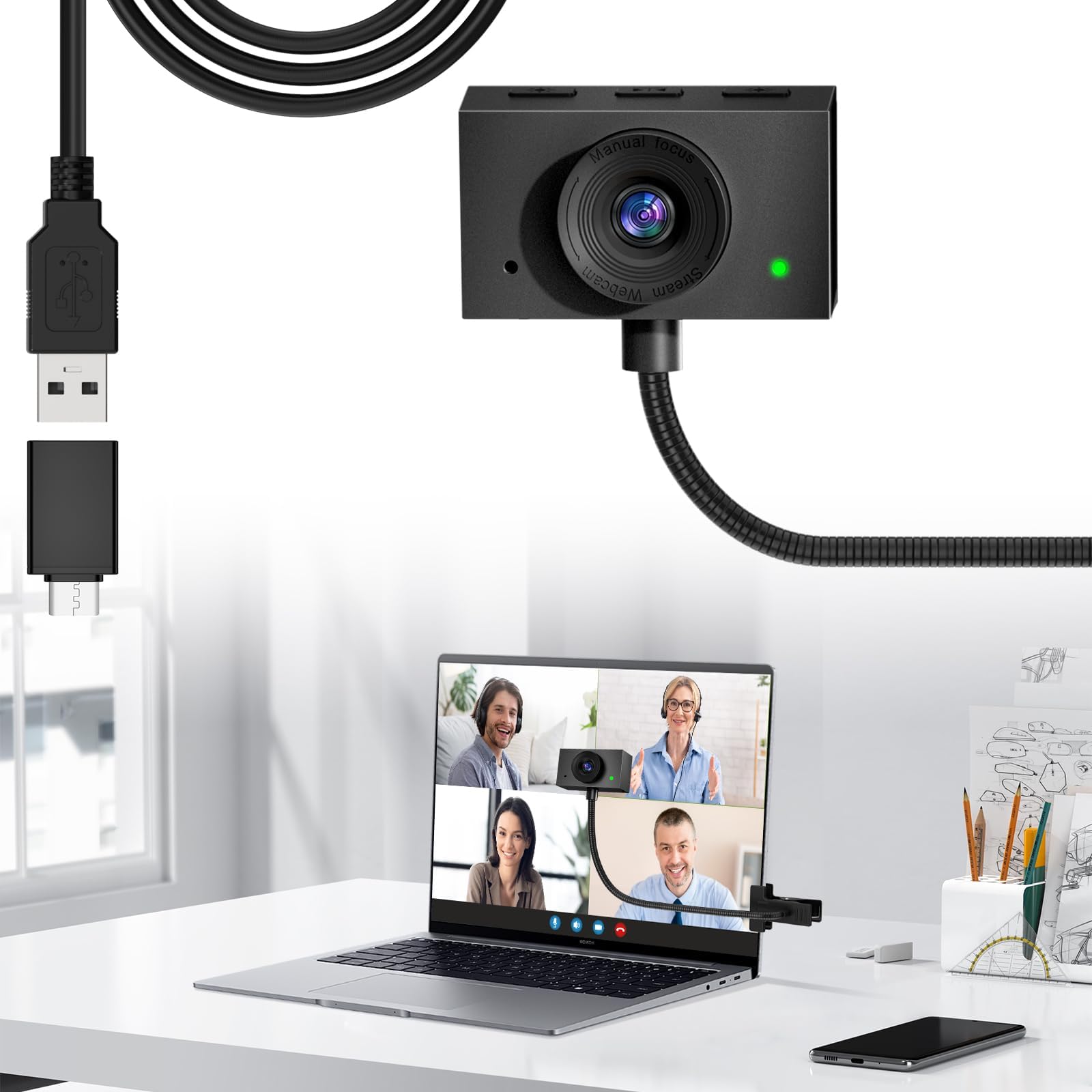Eye Contact Webcam with Microphone for PC, 1080P Center cam for mac, 95°FOV Middle-Screen Center cam, USB computer camera Plug&Play, for desktop computer Facetime Compatible with macOS&Windows (Black)