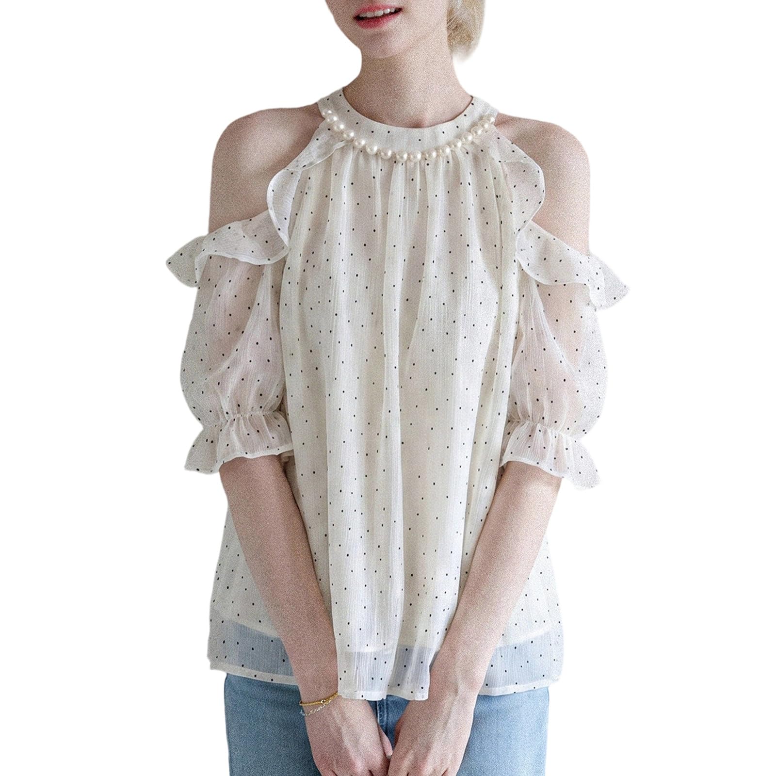 Top Donna Spalle Scoperte Perle Collare Volant Maniche Corte Estate Top Halter Pois